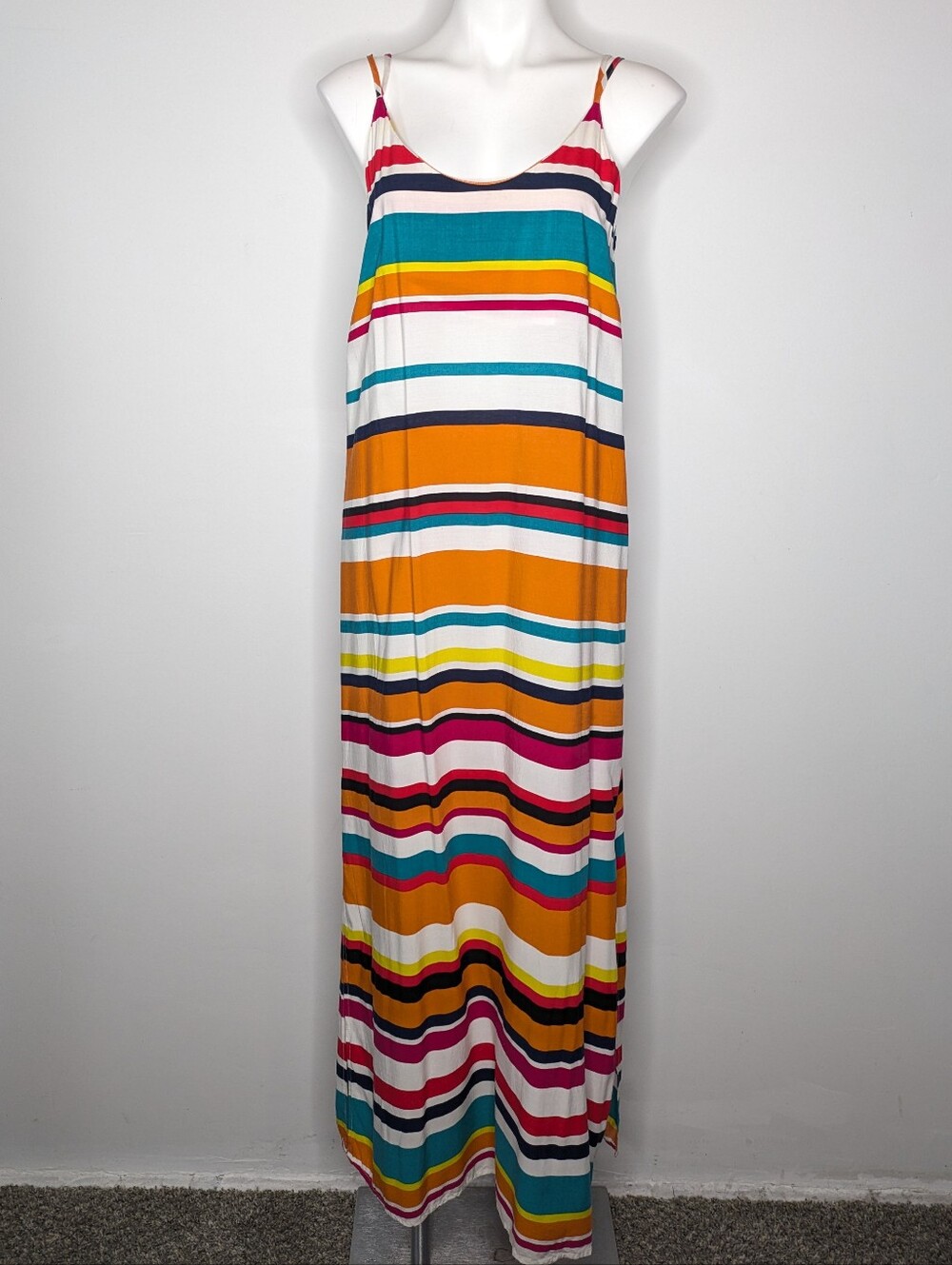 Fleur Bleue White Orange Blue Striped Spaghetti Maxi Summer Sun Dress 8